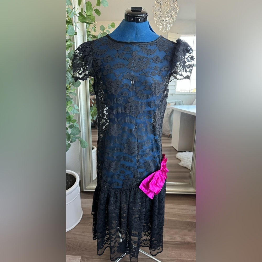Vintage 80s Neiman Marcus Big Pink Bow Black Lace Maxi Dress - Picture 5 of 11